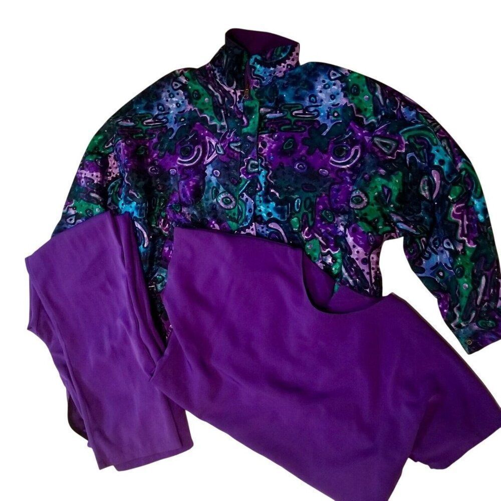 Vintage 90s Reversible Track Jacket Pant Suit Womens M Purple Geometric 3 Piece